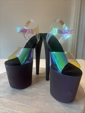 WUXIN Holographic Clear Platform Stripper Heels Ankle Strap Pole Dance Shoes 8.5